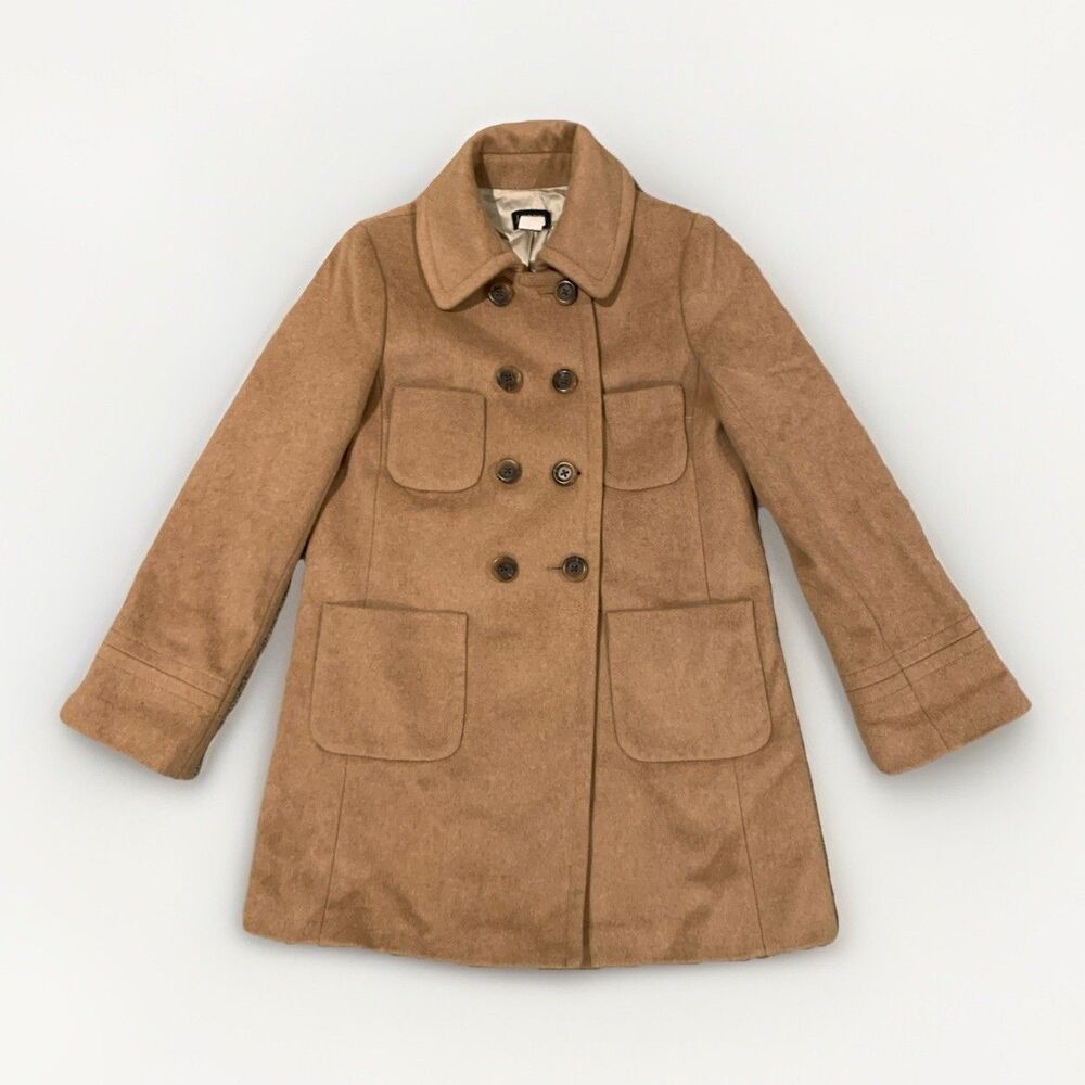Vintage J Crew Women's Sz 4 Lucinda Tan Pea Coat 100% Wool Double Breasted